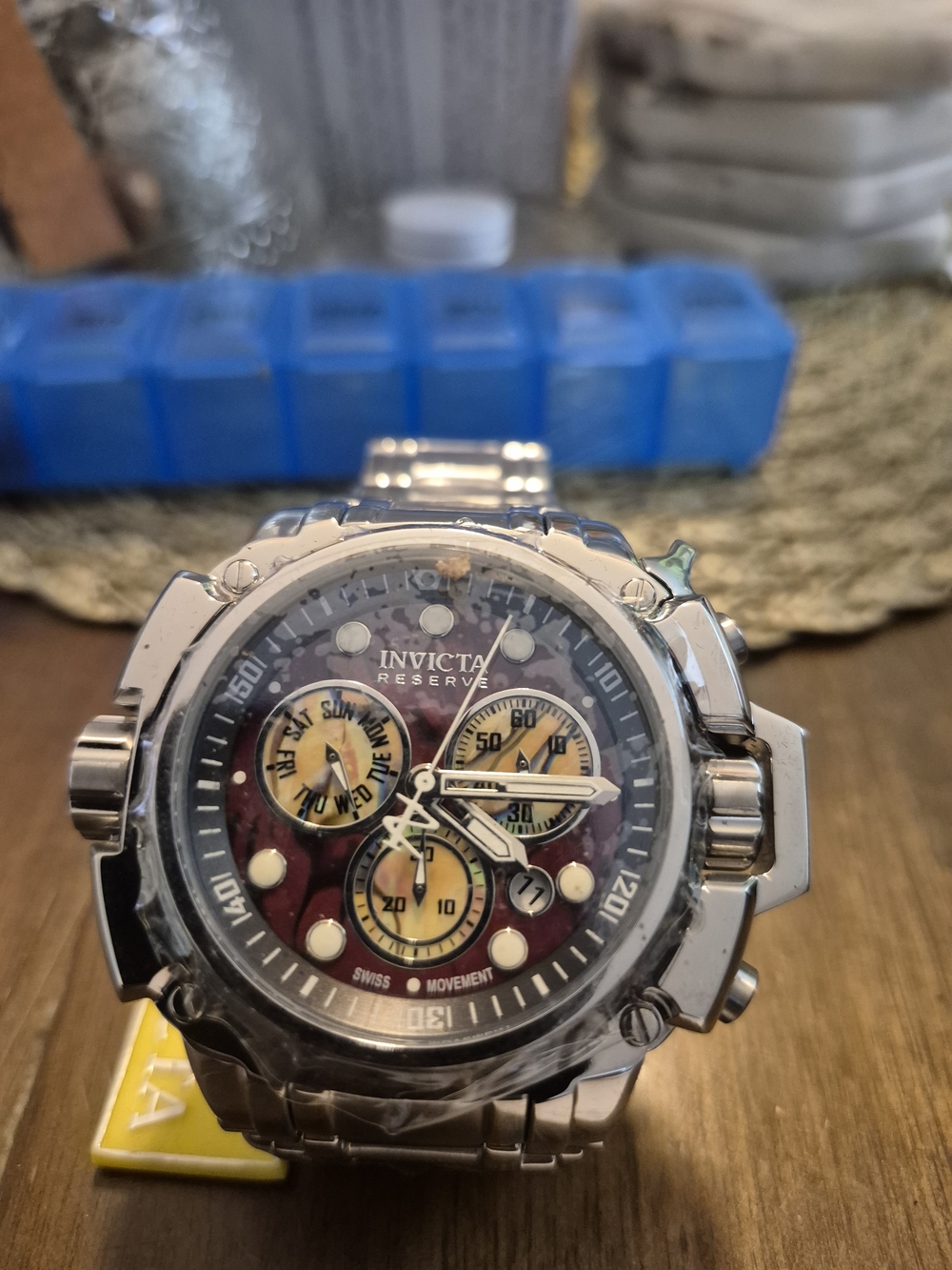 Invicta Reserve Silver Watch with Red Dial and Gold Subdials